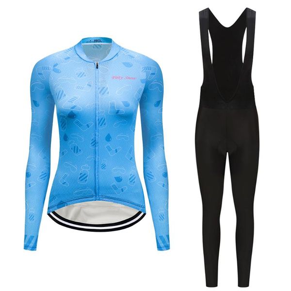 

racing sets 2021 women fashion long sleeve cycling clothing bib kit female road bike jersey set mtb suit sport bicycle clothes uniform dress, Black;blue