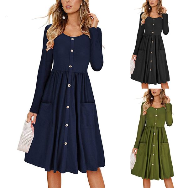 

casual dresses women button dress autumn o neck long sleeve pockets slim ladies vintage solid a-line midi vestidos gjql, Black;gray