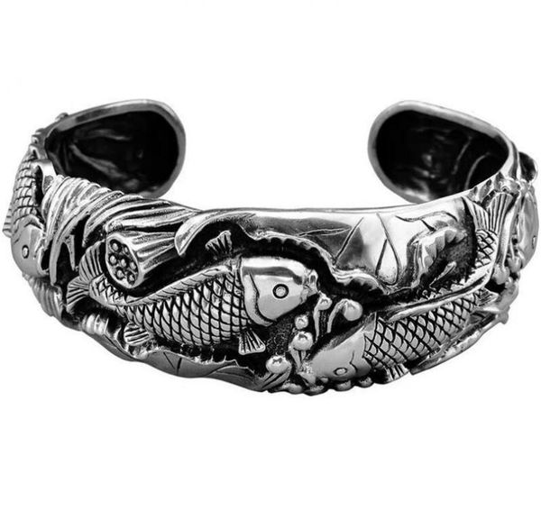

bangle mens classic retro fashion open bracelet carp pattern jewelry, Black