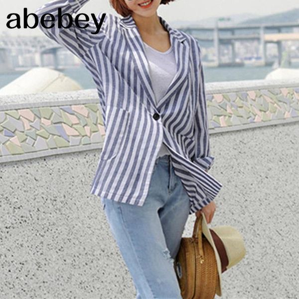 

women's suits & blazers 2021 summer autumn casual jacket one button vintage cotton and linen striped pockets jk8172, White;black