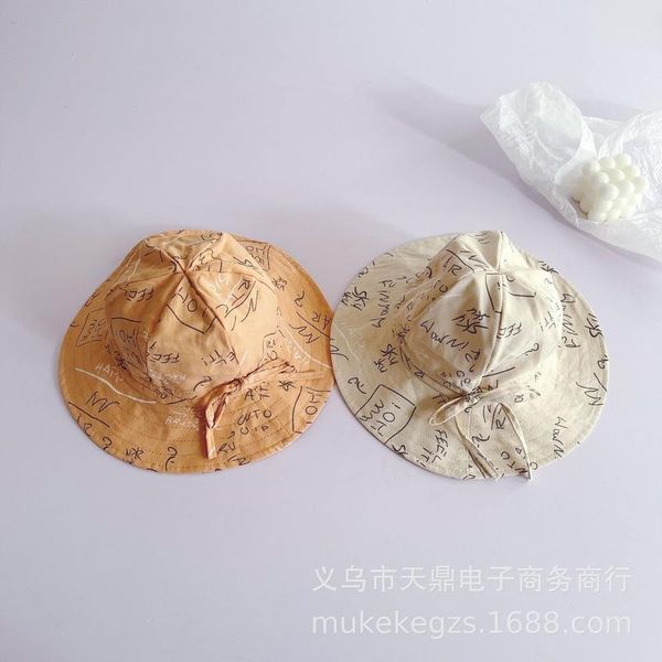 

personality english graffiti fashion caps children fisherman hat cotton bow cute girl kids sun hat basin hats, Yellow