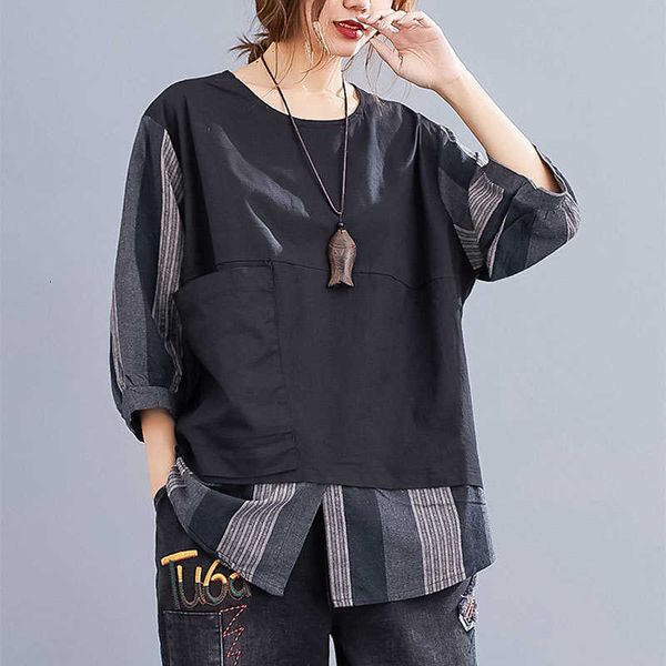 

women's blouses & shirts spring arts style women loose o-neck big pocket casual 3/4 sleeve blouse patchwork cot jqb9, White