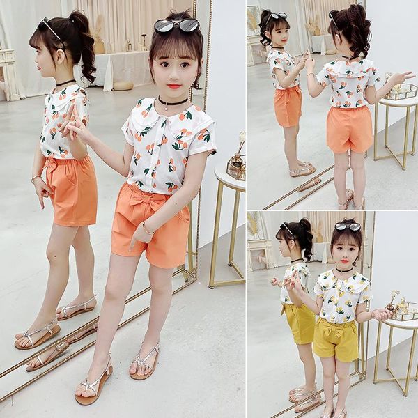 

clothing sets summer kids girls t-shirt + short pants 2pieces outfits for age 3 4 6 8 10 12 year cute girl suits clothes, White