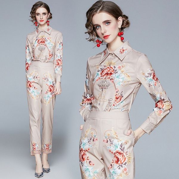 

women's tracksuits elegant print female suit shirt + pocket straight pant two piece set women long sleeve flower blouse trouser 3ivu, Gray