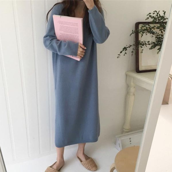 

casual dresses lanmrem korean loose blue black v-neck mid-calf straight long-sleeved knitted dress all-match warm clothes for women 2a1013, Black;gray