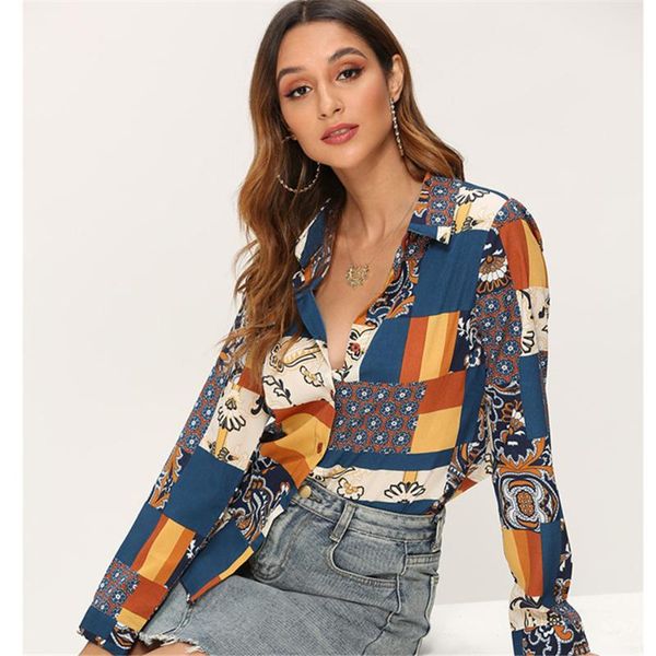 

2021 patchwork blouse shirt women turn down collar print blouses vintage long sleeve casual office shirts ladies fashion, White