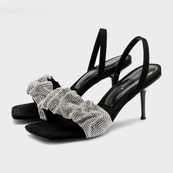 

dress shoes 2021 summer fashion sandals star with rhinestone heel strap toe square women's for women, Black