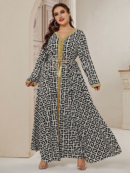 

muslim fashion plus size ethnic maxi dress for women 2021 new gold ribbon patchwork v ne long sleeve modest arabic clothes, Red