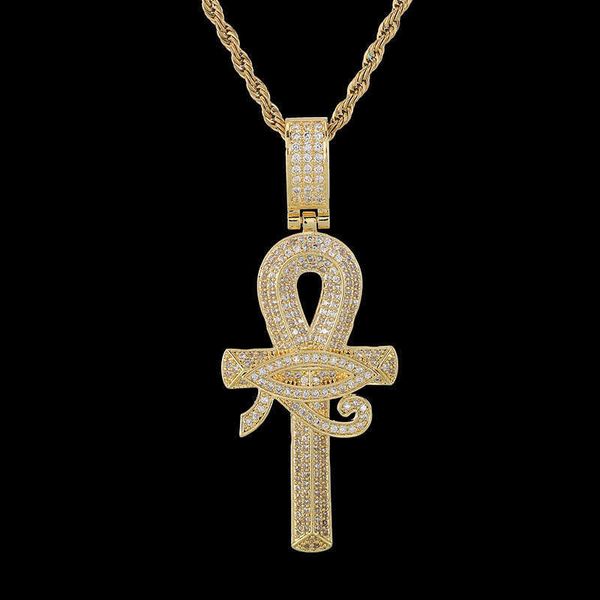 Hip Hop Full AAA CZ Zircone pavimentato Bling Ice Out Horus Eye Ankh Croce Pendenti Collana per uomo Donna Rapper Gioielli Colore oro X0707