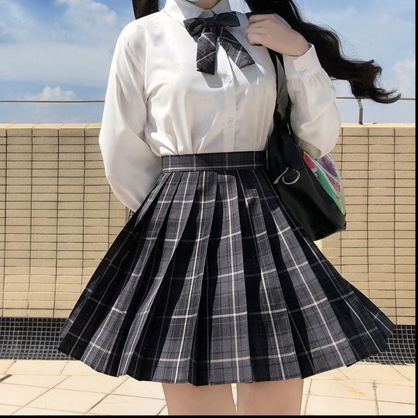 

[smoky gray] girl summer high waist pleated skirts plaid skirts female dress for jk school uniform students cloths, Black