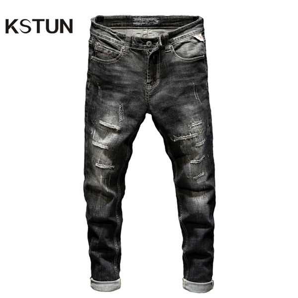 

kstun ripped jeans for men slim fit stretch fashion high street style male denim pants frayed destroyed vintage mens punk jeans 210317, Blue