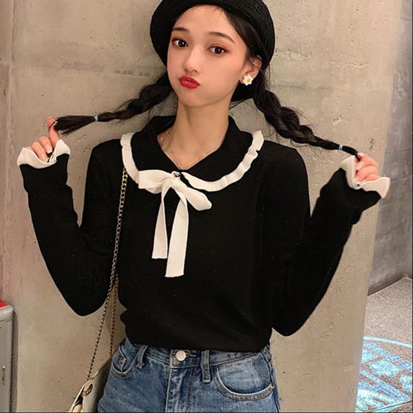

female 2021 autumn winter clothes slim all match elastic knit pullover women korean jumper brand new sweater, White;black