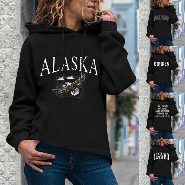 

women's hoodies & sweatshirts fashion casual fun year print hooded sweatshirt loose sports pullover ladies letter top, Black