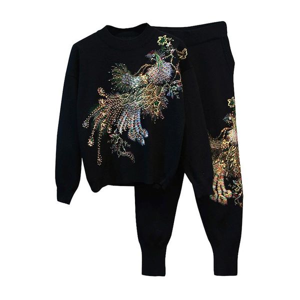 

red pink knitted set women tracksuit handwork beading embroidery peacock pattern sweater pants outfits female loose knitting 2pc, White