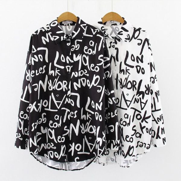

women's polos graffiti print blouse autumn lapel long sleeve oversize office elegant casual and shirt, White