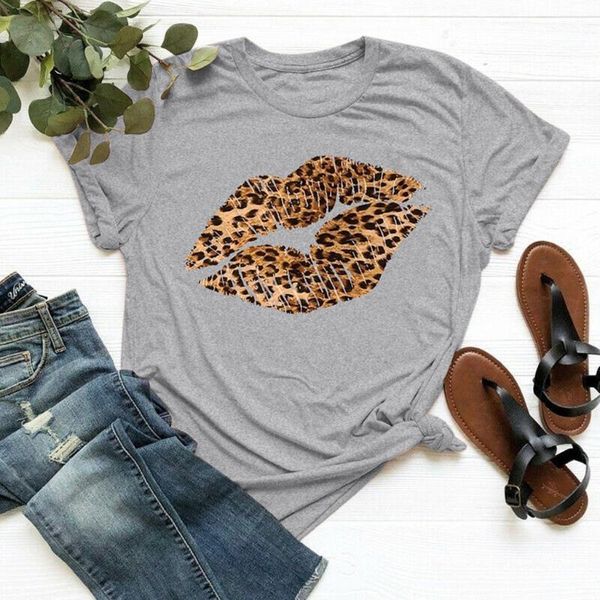 

women's t-shirt 40# leopard lips print women harajuku plus size short sleeve t shirt ladies casual summer o-neck loose streetwear, White