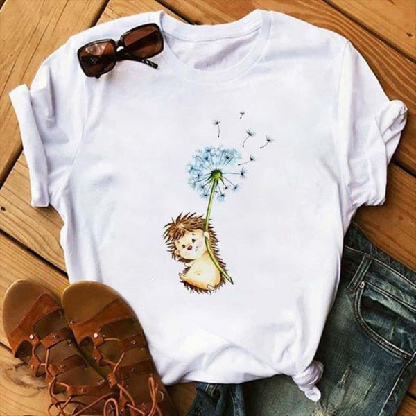 

fashion hedgehog with dandelion summer womens t shirts short sleeves tees harajuku drop, White