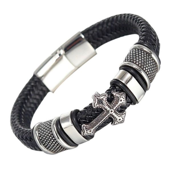 

bangle classic christian stainless steel cross leather braided bracelet religious style prayer jewelry, Black