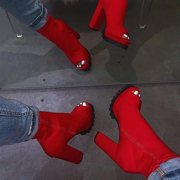 

boots red fashion women snake pattern zip ankle autumn woman peep toe thick high heels ladies platform shoes dropship, Black