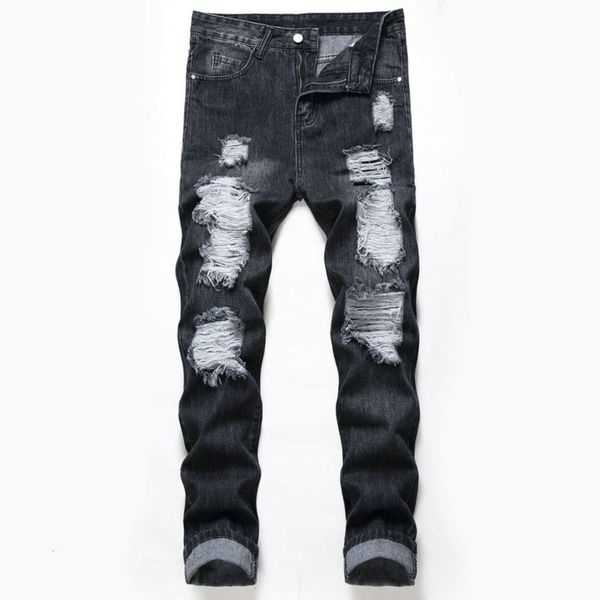 

street black beggars men's straight jeans with holes, Blue