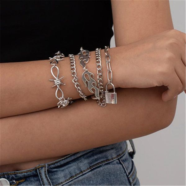 

link, chain 5pcs metal silver color punk flame lock geometric bracelet multi layer for women teen fashion jewelry gift set accessories, Black
