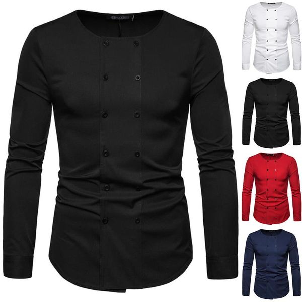 

men's casual shirts slim fit mens o-neck long sleeve double buttons down shirt muscle blouse office tee man clothing, White;black