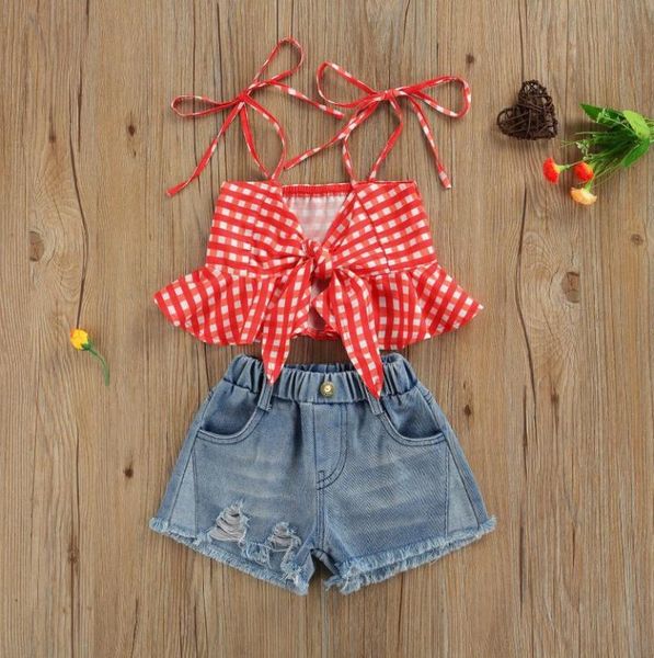 

clothing sets kids girls summer fashion outfits set sleeveless plaid print ruffle ripped denim shorts children's 2pcs, White