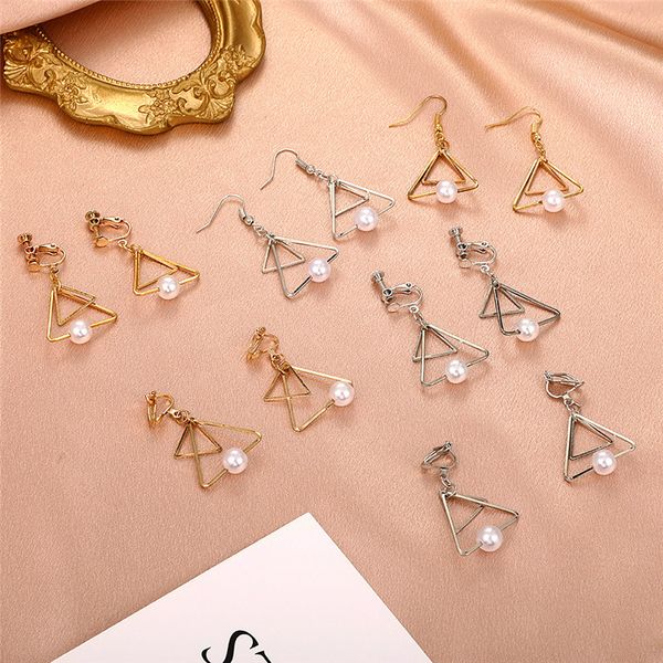 

double triangle pearl earrings stud hook metal geometric silver dangle ear cuff women alloy screw party gift hollow earring jewelry accessor, Golden;silver