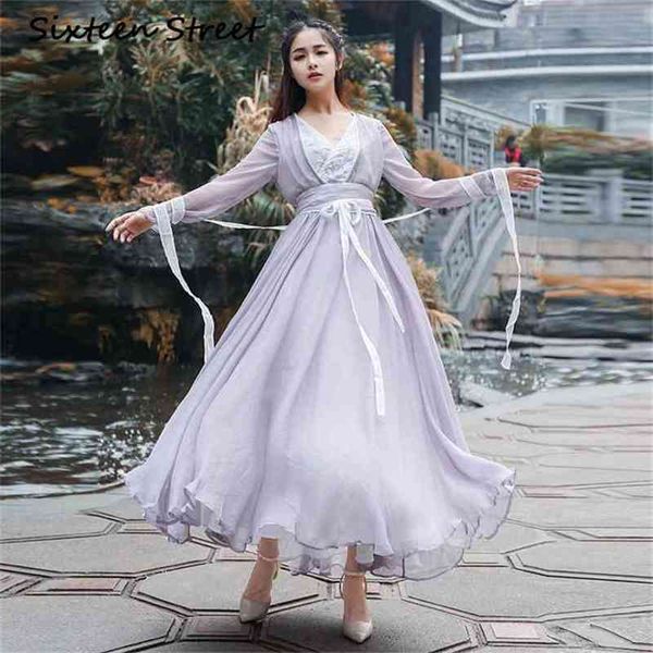 V-Ausschnitt Knöchellanges langes Frauenkleid Elegante Vintage-Stickerei im chinesischen Stil Hanfu-Ärmel Abendpartykleider 210603