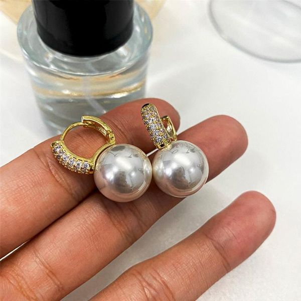 

hoop & huggie 14k real gold plated pearl earrings for women shiny zirconia anniversary party gift fine jewelry wholesale, Golden;silver