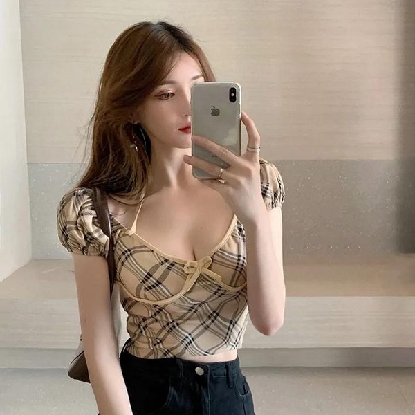 

women's blouses & shirts women summer crop girls plaid blouse bow slim camis ladies wide strap tees femme streetwear, White