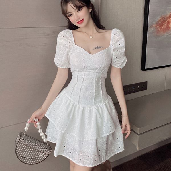 

casual dresses retro floral embroidery white summer women korean sweet slim waist short sleeve boho party mini robe femme gq53, Black;gray