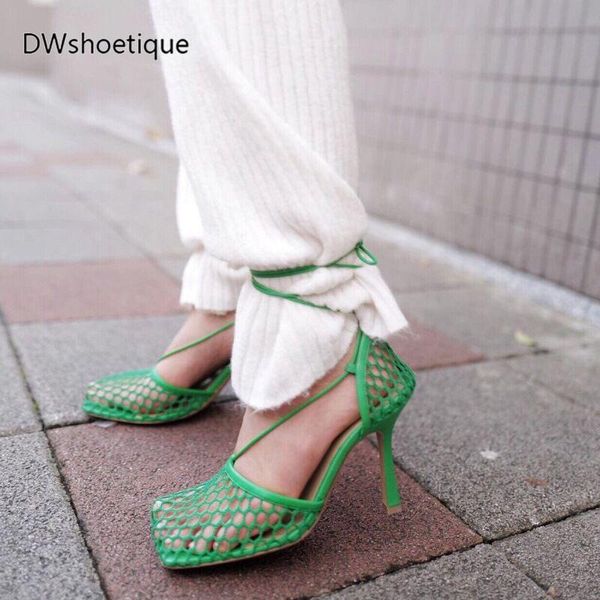 

sandals summer mesh women lace up square toe heels, Black