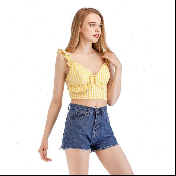 

women strap flounce hem crop ladies tank v neck solid simple camis 2021 summer women, White