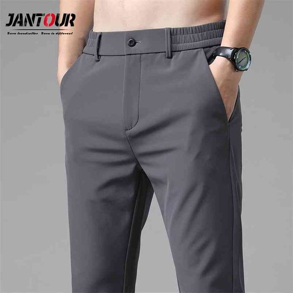 

summer men's casual pants classic slim fit small straight elastic black gray blue business solid color brand trousers 28-38 210715