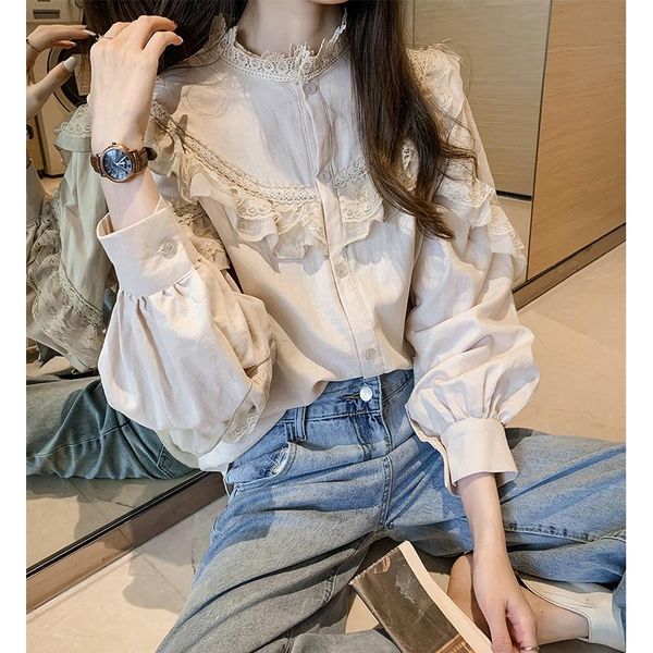

women's blouses & shirts autumn french shirt women retro lantern sleeve sweet lace round neck loose slim, White