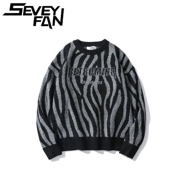 

men's sweaters seveyfan zebra pattern letter knitted sweater lazy loose round neck long sleeve pullover, White;black