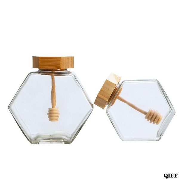 

220ml/380ml hexagonal glass honey bottle with wooden stirring rod