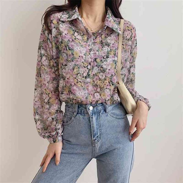 

women's knits & tees casual plus size floral chiffon blouse shirt long sleeve women spring summer ladies sun protection butto, White