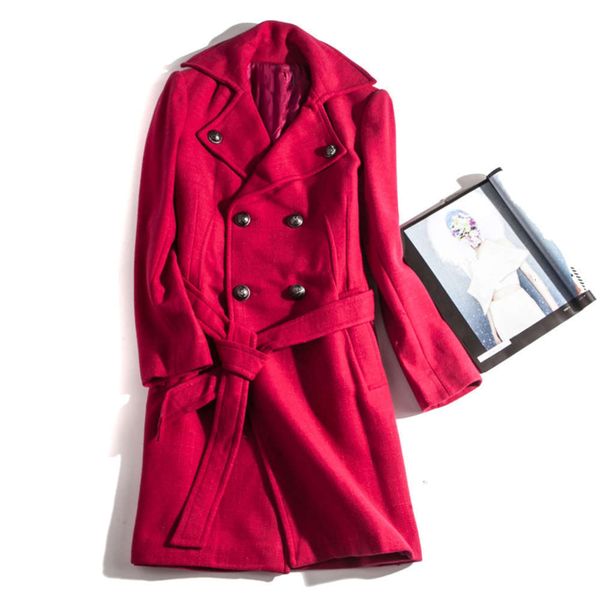 

2021single bust 94-106cm 80% lapel lace up tweed women's wool coat d1008c, Black