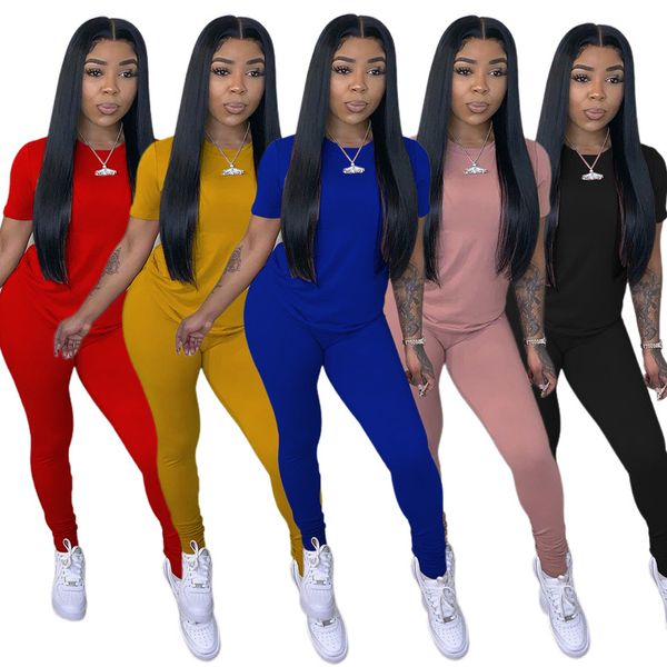 

women two piece pants set summer solid color short sleeve crew neck designer tracksuits fashion female clothing, Gray