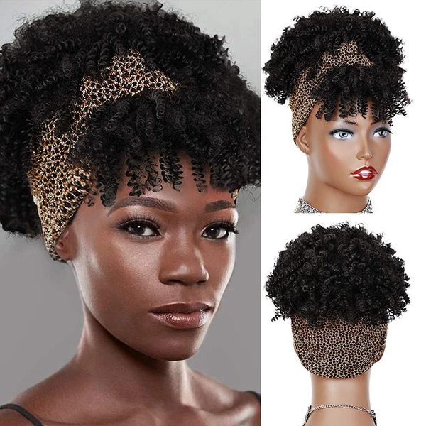 

synthetic wigs isaic short headband black afro kinky curly wig with bangs blue turban head wrap for women