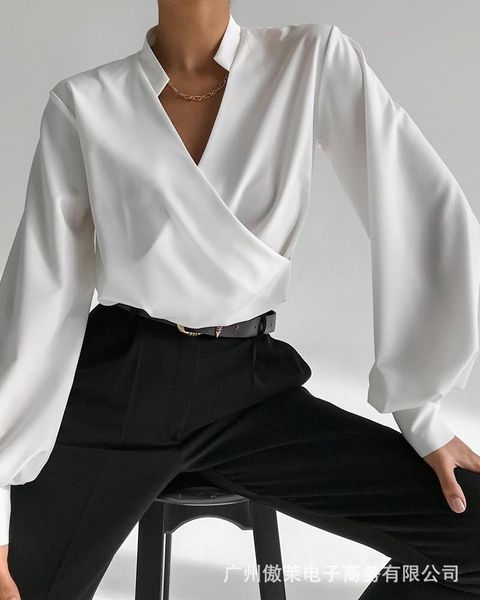 

women's blouses & shirts 2021 autumn fashion v neck lantern sleeve white women shirt elegant casual loose