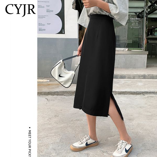 

korean drape skirt women's upper waist midi long skirts to streetwear bright cleft side femme jupe dkti, Black