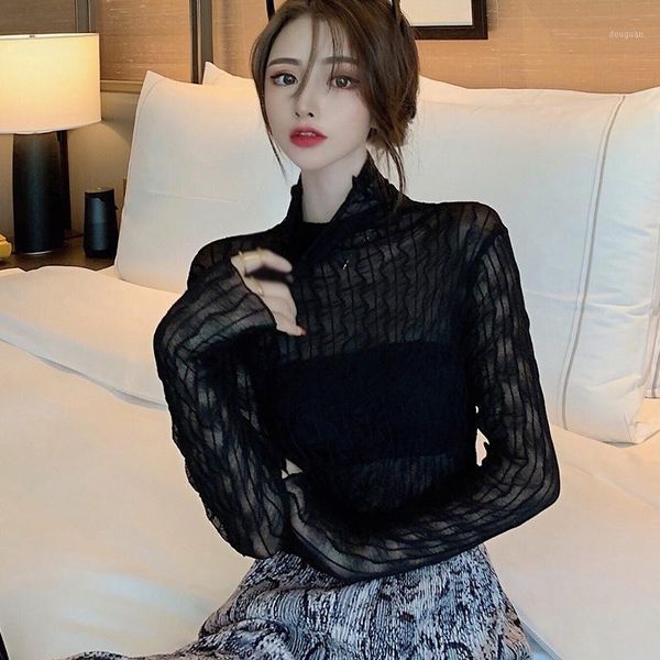 

women's t-shirt fashion perspective mesh lace high collar t shirt women casual slim long sleeve bottoming shirts ladies solid w, White