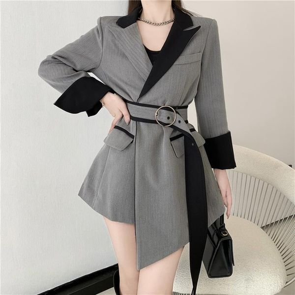 

women's suits & blazers [ewq] korea chic temperament gray blazer autumn 2021 notched loose lace up waist long sleeve suit jacket coat f, White;black