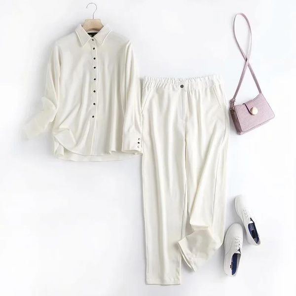 

women's blouses & shirts 2021 two piece set women turn-down collar solid singe breasted kimono cascading plus size woman, White