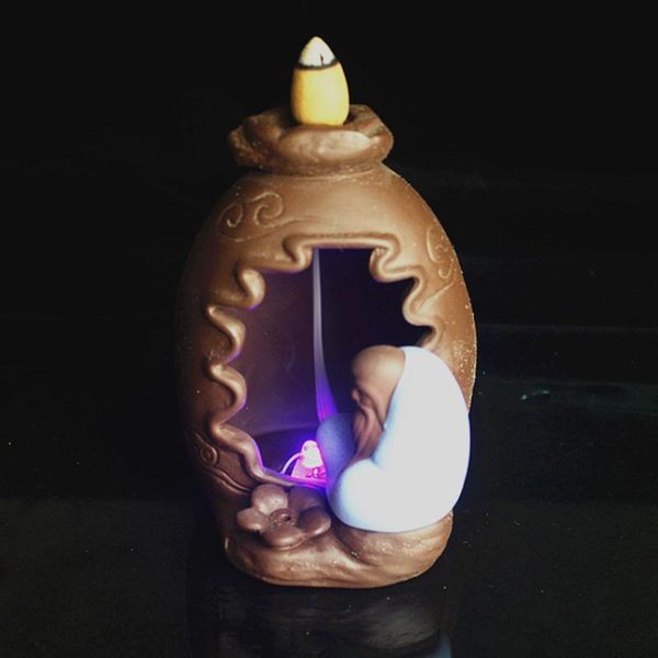 

fragrance lamps backflow incense burner + 10pc cones smoke waterfall holder the little monk cermamic censer with led light