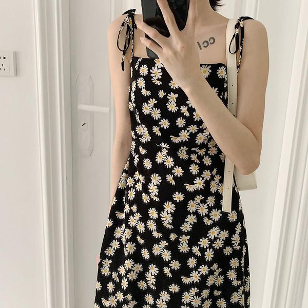 

casual dresses summer floral dress women korean fashion black cute slip cottagecore sweet beach holiday sundress chic harajuku streetwear, Black;gray