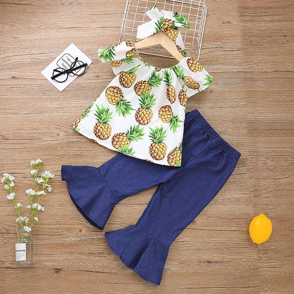 

2021 summer children sets short sleeve o neck print pineapple t-shirt blue solid flare pants cute girls boys clothes set 1-8t, White